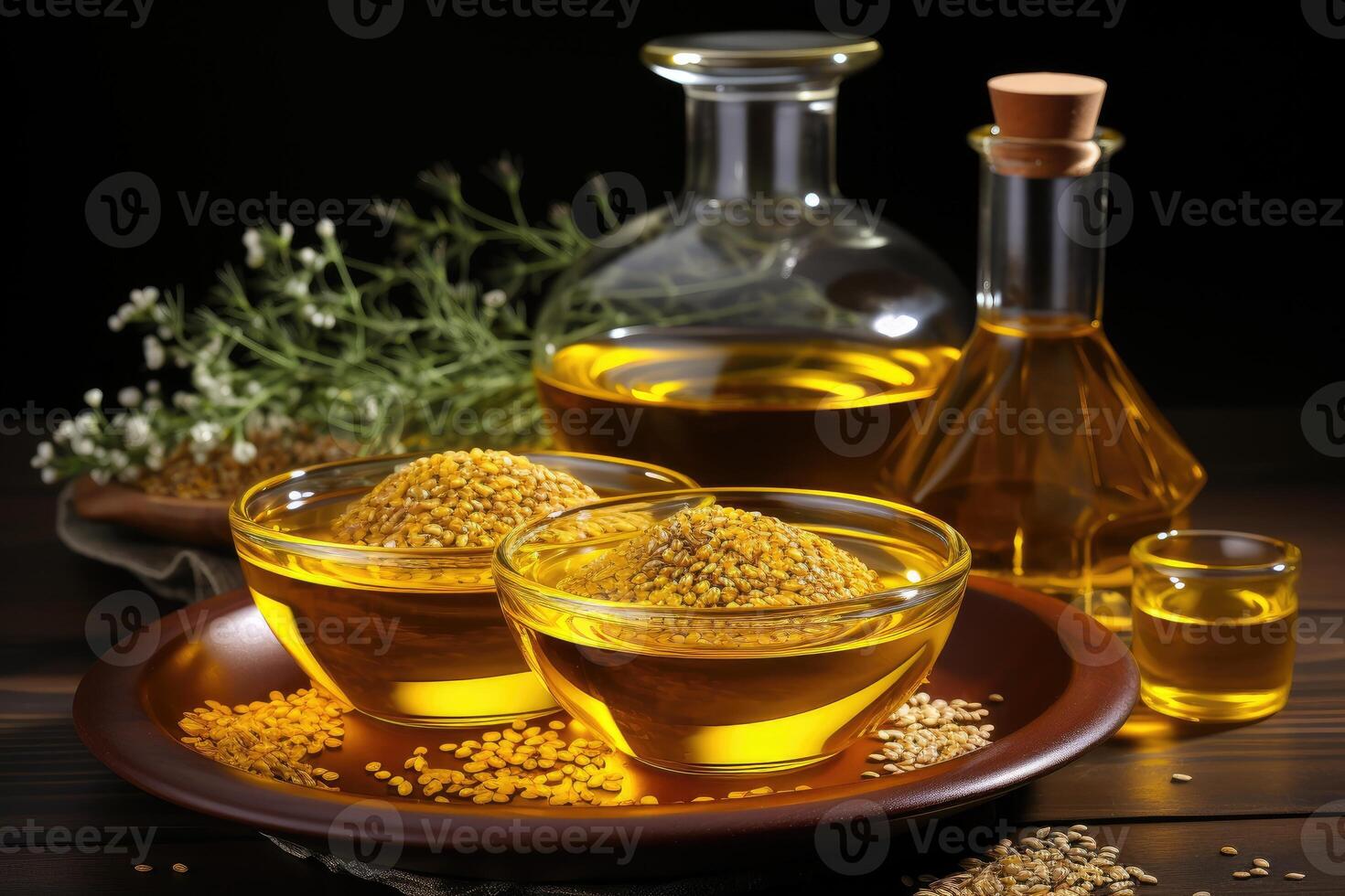 AI generated sesame oil extract with isolated kitchen table professional advertising food photography photo