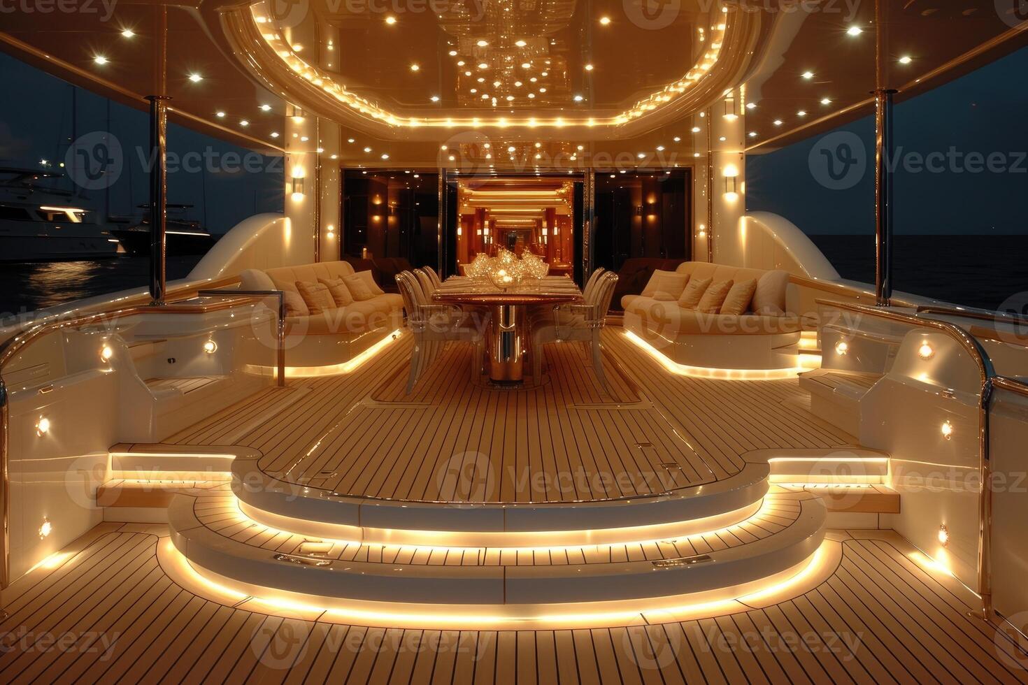 AI generated Dining table on the upper deck fancy yacht professional advertising food photography photo