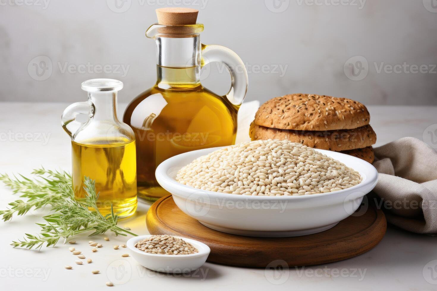 AI generated sesame oil extract with isolated kitchen table professional advertising food photography photo