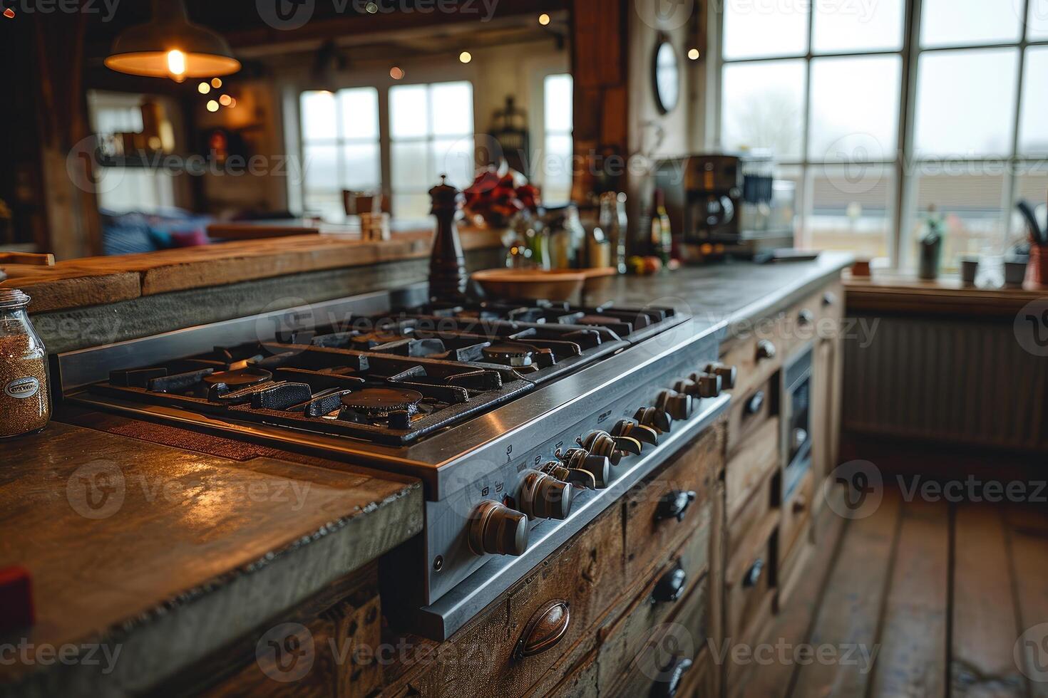 AI generated industrial kitchen design with concrete professional advertising photography photo