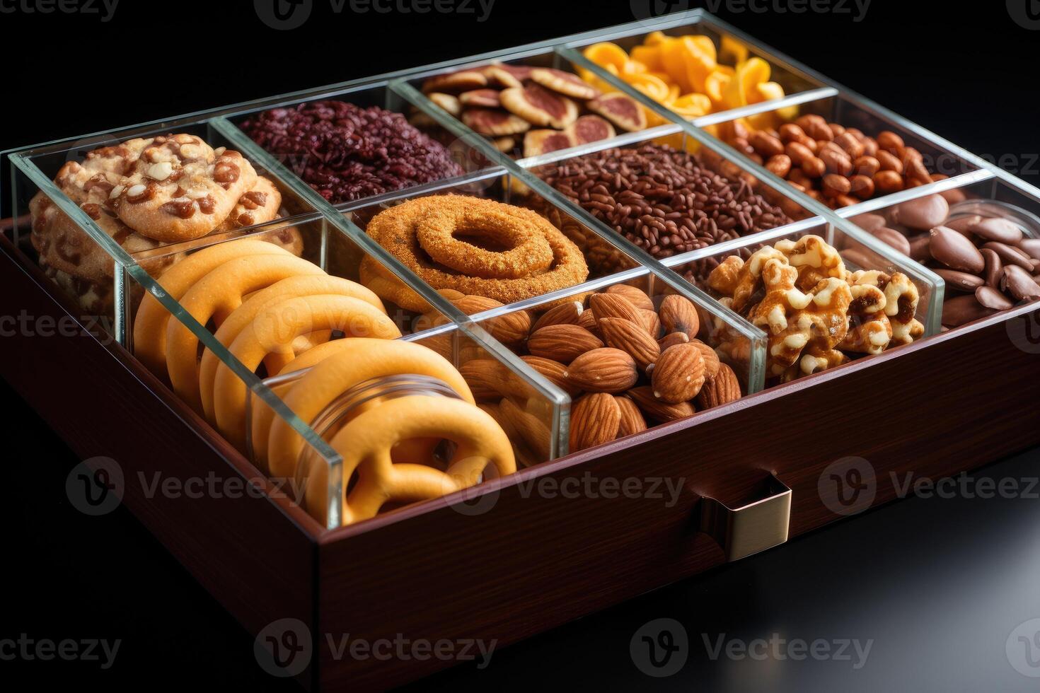 AI generated mixed snacks in boxes professional advertising food photography photo