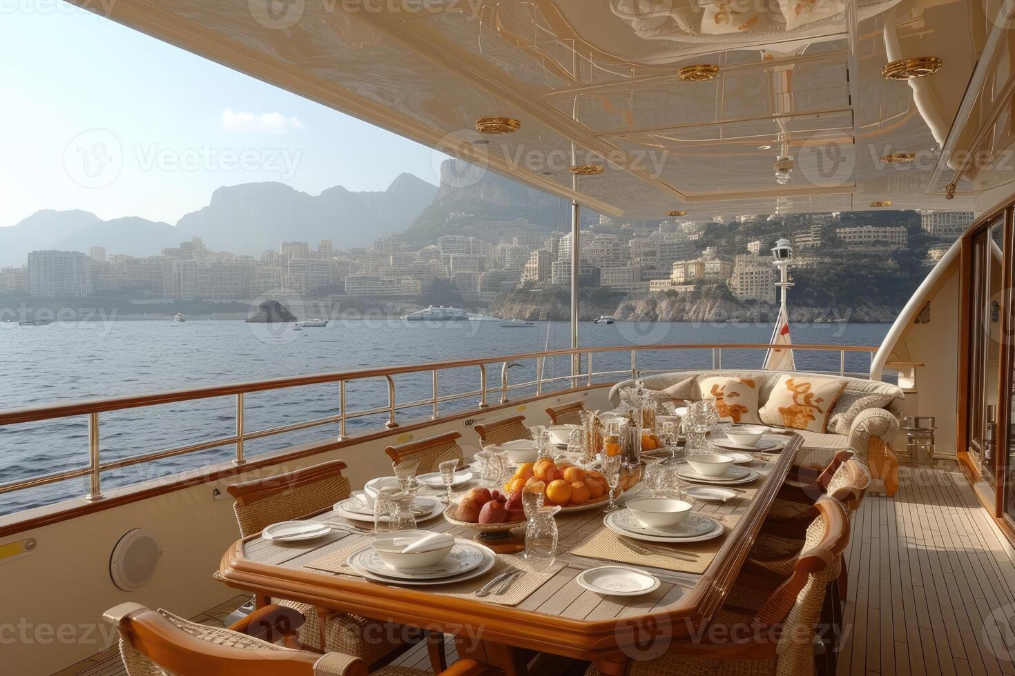 AI generated Dining table on the upper deck fancy yacht professional advertising food photography photo