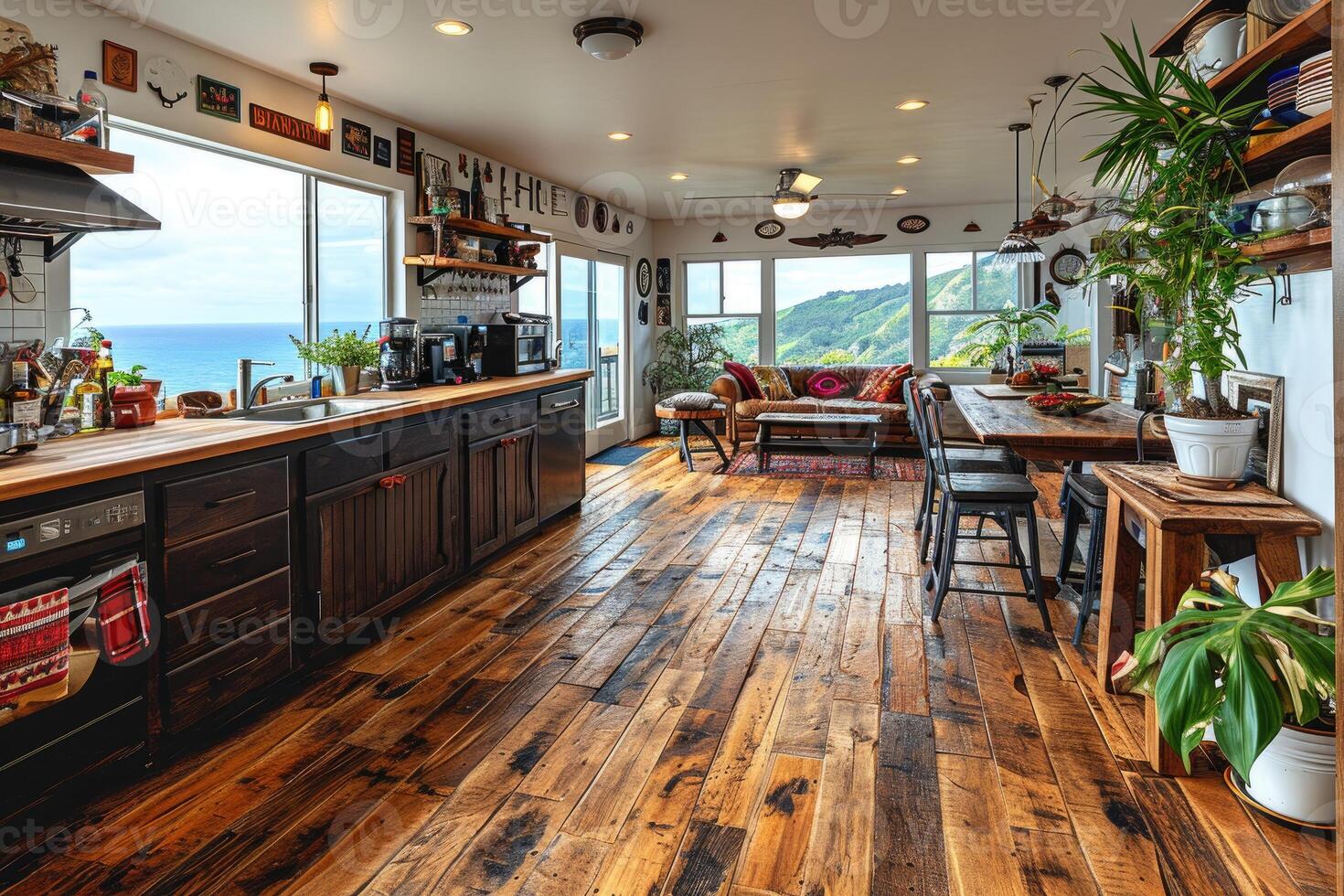 AI generated modern kitchen design with wooden flooring interior professional advertising photography photo