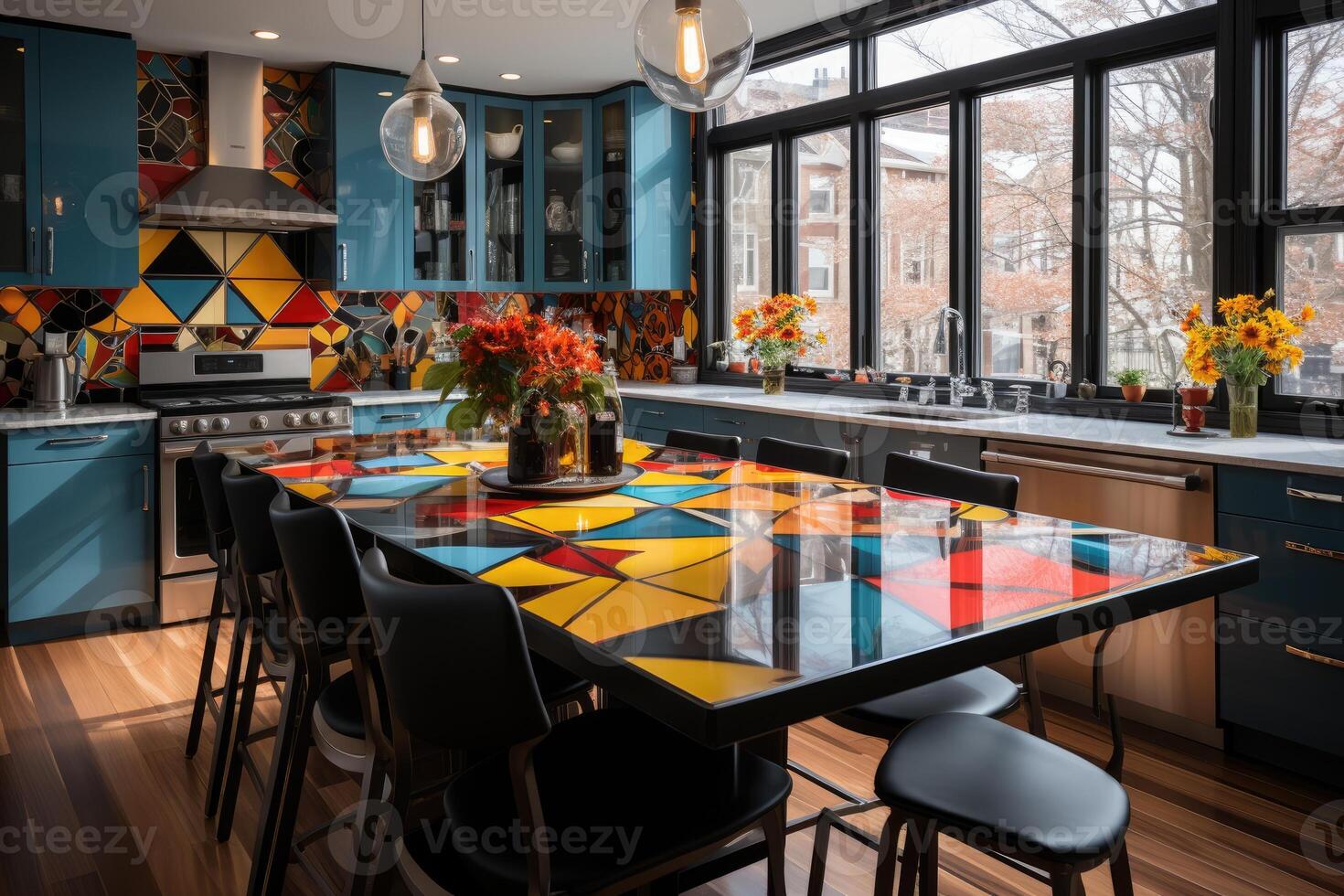 AI generated modern kitchen with countertops colorful and playful patterns interior designer professional advertising photography photo