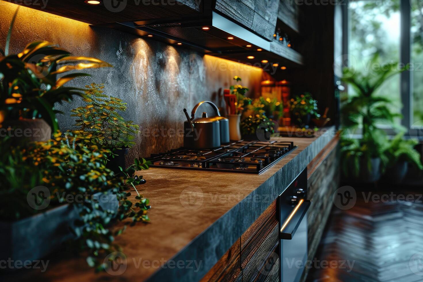 AI generated industrial kitchen design with concrete professional advertising photography photo