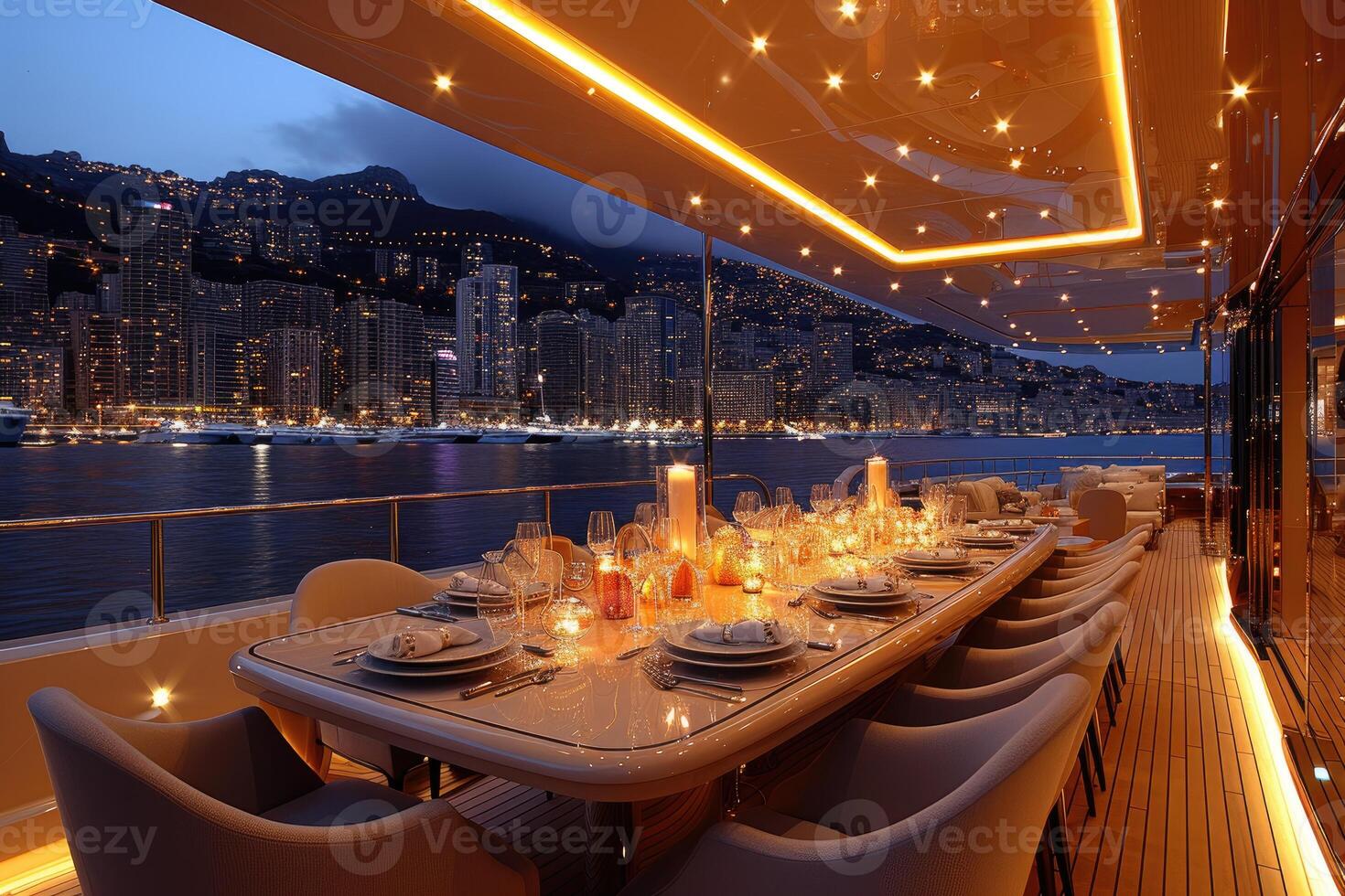 AI generated Dining table on the upper deck fancy yacht professional advertising food photography photo