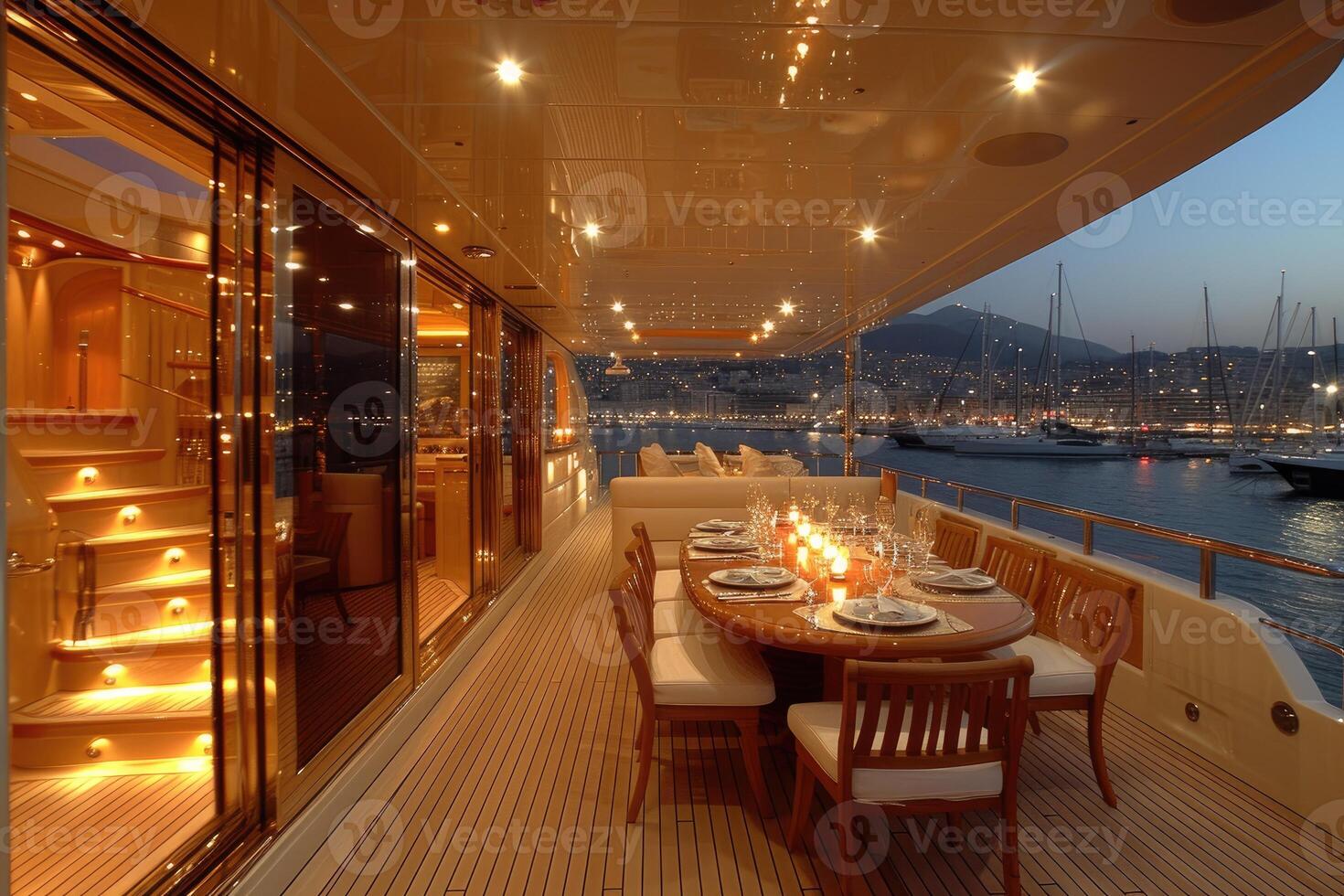 AI generated Dining table on the upper deck fancy yacht professional advertising food photography photo