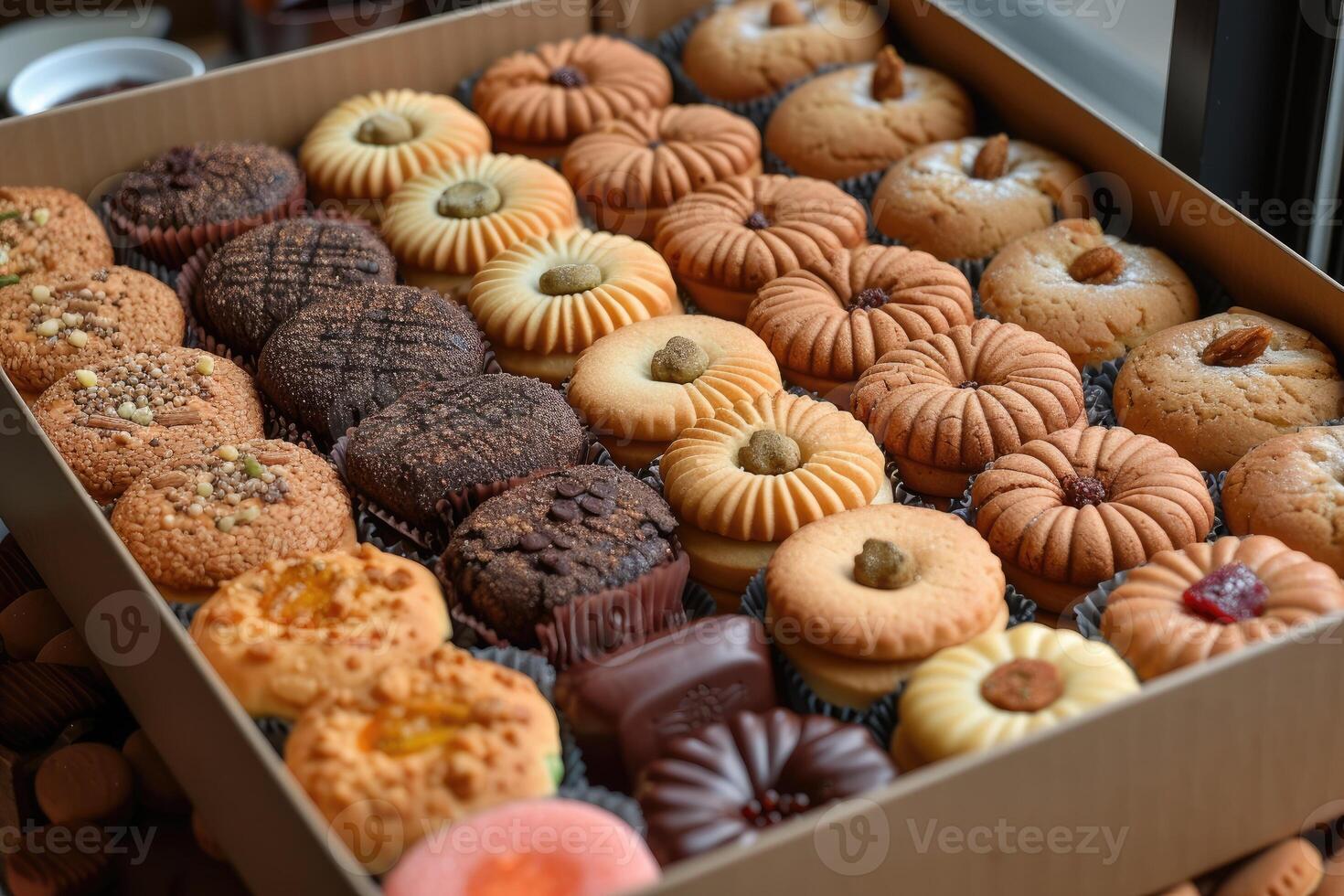 AI generated A large gift box filled with a variety of chocolates and cookies professional advertising food photography photo