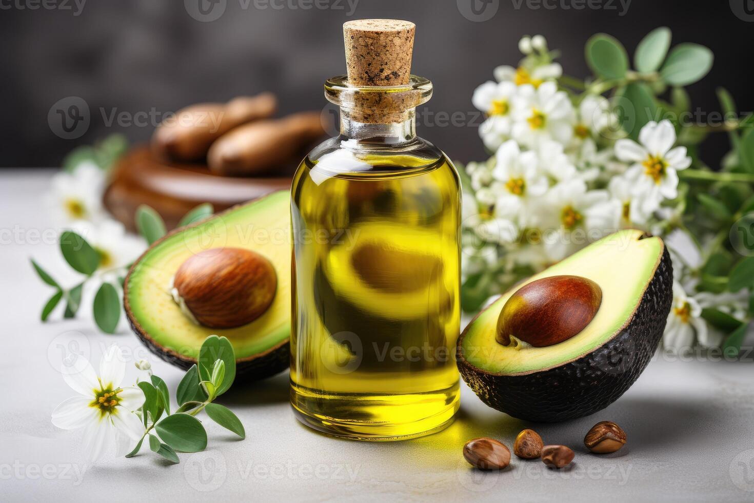 AI generated avocado oil extract with isolated kitchen table professional advertising food photography photo