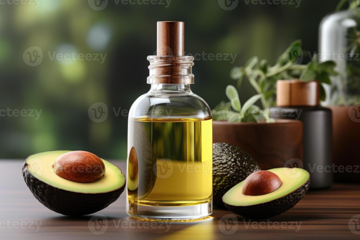 AI generated avocado oil extract with isolated kitchen table professional advertising food photography photo