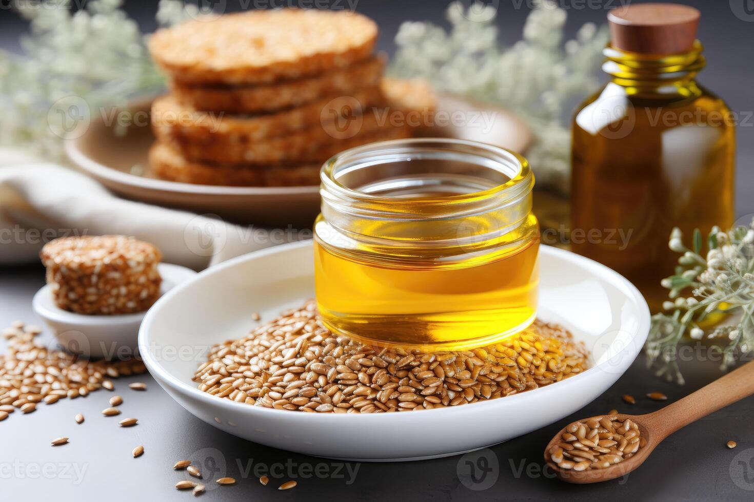 AI generated sesame oil extract with isolated kitchen table professional advertising food photography photo