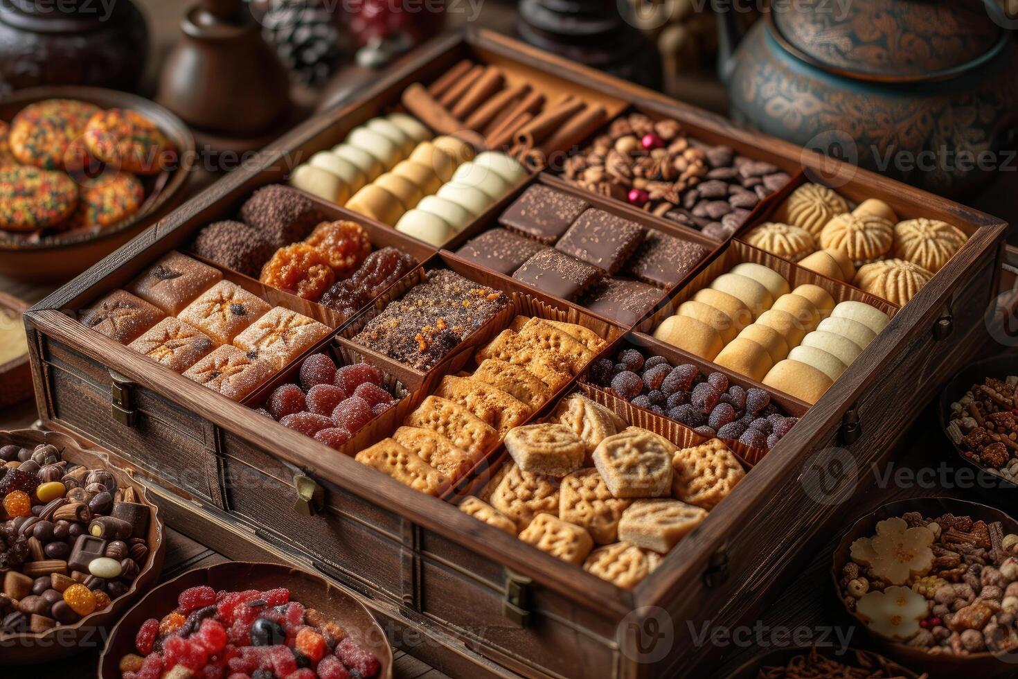 AI generated A large gift box filled with a variety of chocolates and cookies professional advertising food photography photo