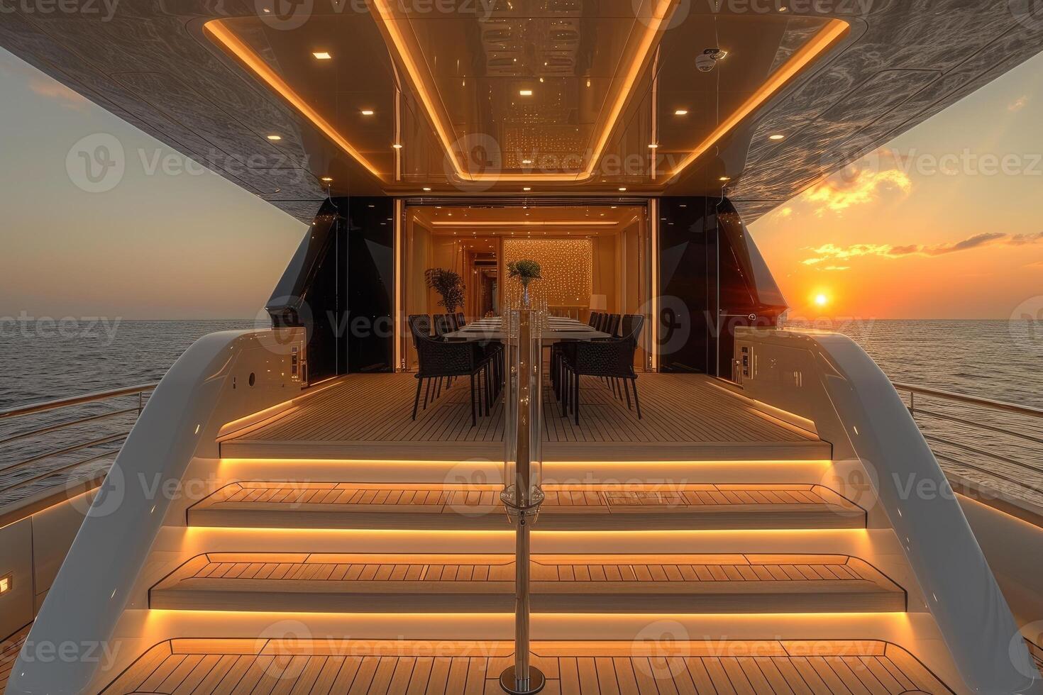 AI generated Dining table on the upper deck fancy yacht professional advertising food photography photo