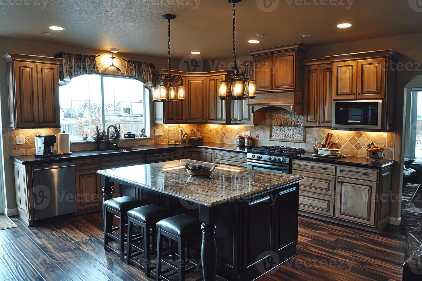 AI generated modern kitchen design with wooden flooring interior professional advertising photography photo