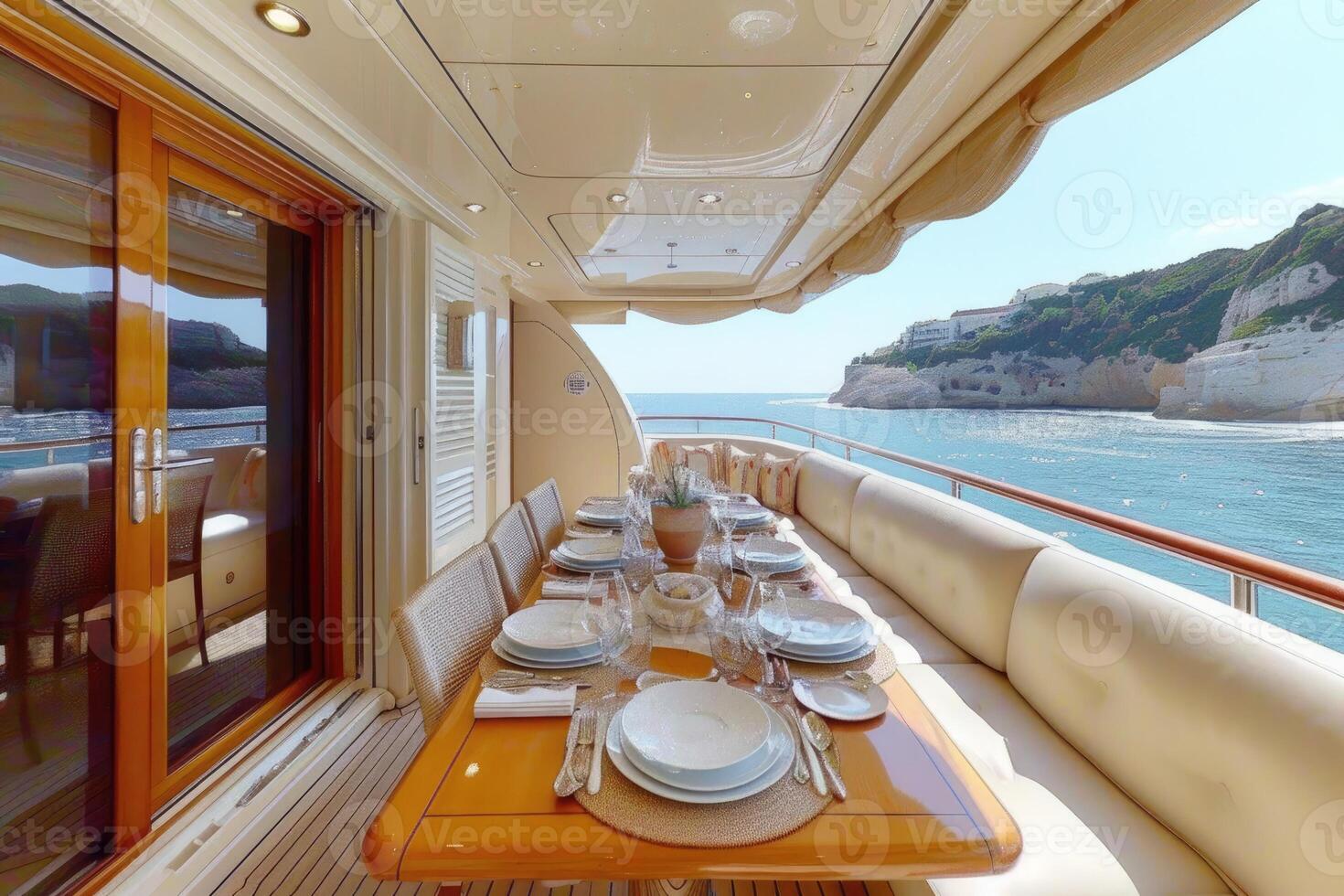 AI generated Dining table on the upper deck fancy yacht professional advertising food photography photo