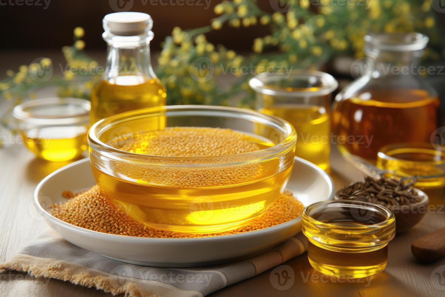 AI generated sesame oil extract with isolated kitchen table professional advertising food photography photo