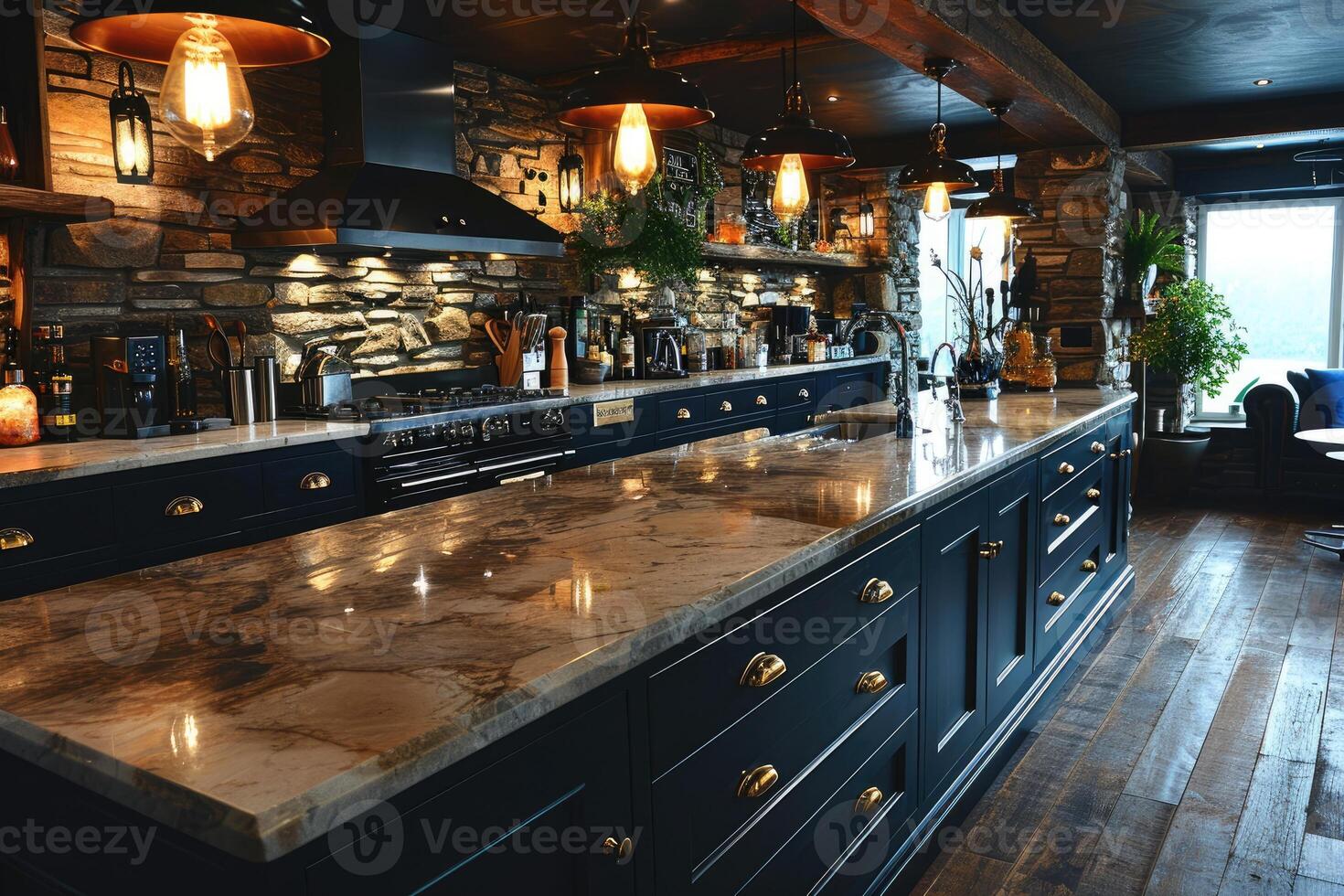 AI generated modern kitchen design with wooden flooring interior professional advertising photography photo