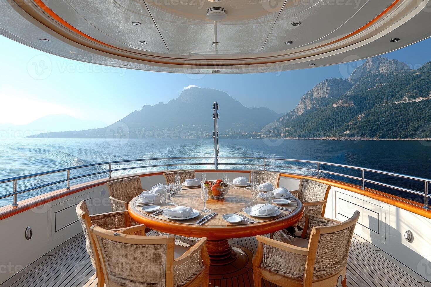 AI generated Dining table on the upper deck fancy yacht professional advertising food photography photo