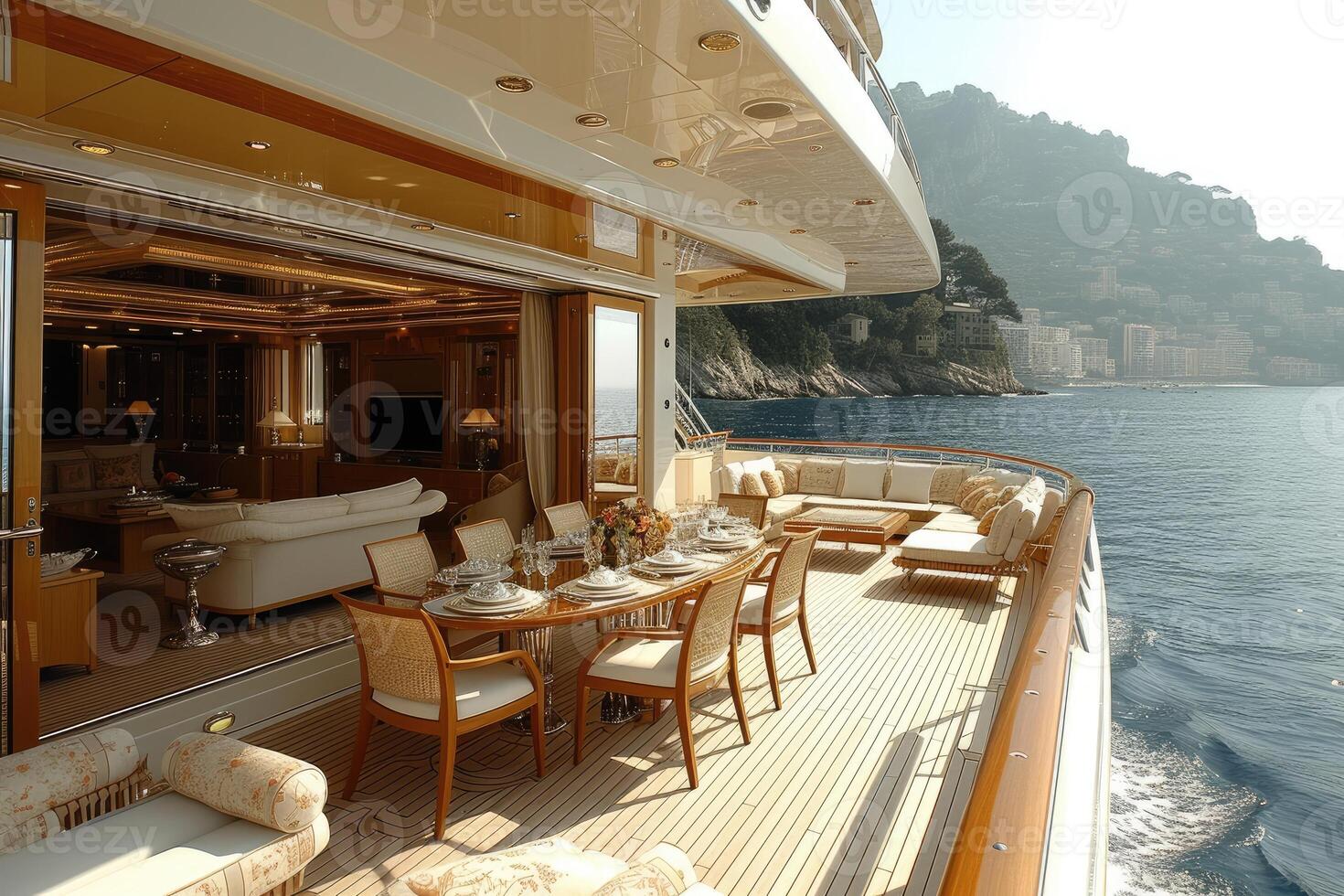 AI generated Dining table on the upper deck fancy yacht professional advertising food photography photo