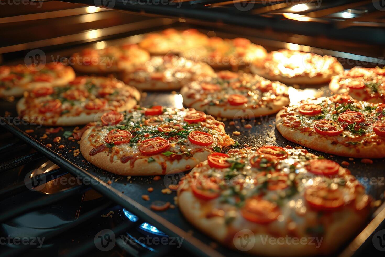 AI generated View inside the oven tray baking pizza professional advertising food photography photo