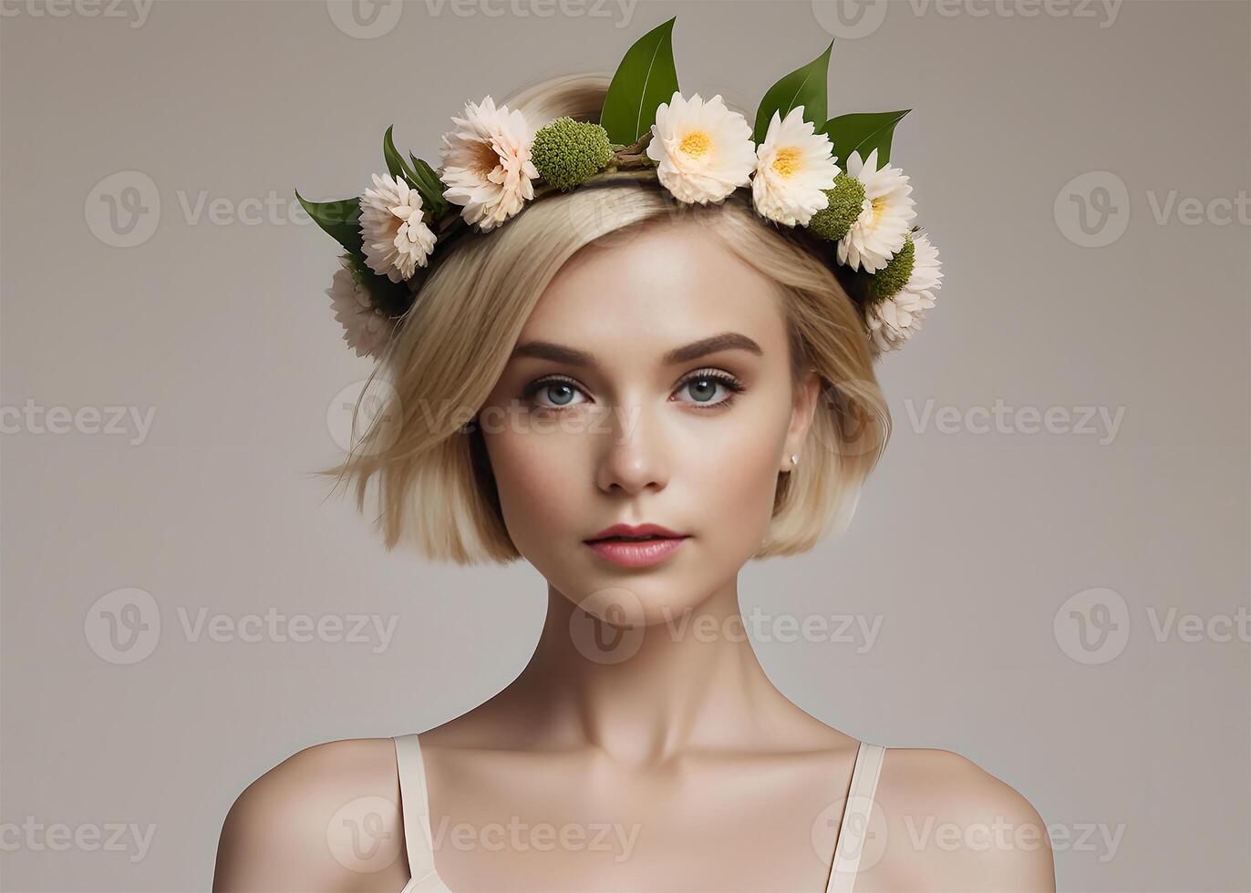 AI generated Close-up portrait of a young blonde girl with short hair and a flower wreath on her head. On a plain background with space for text. photo