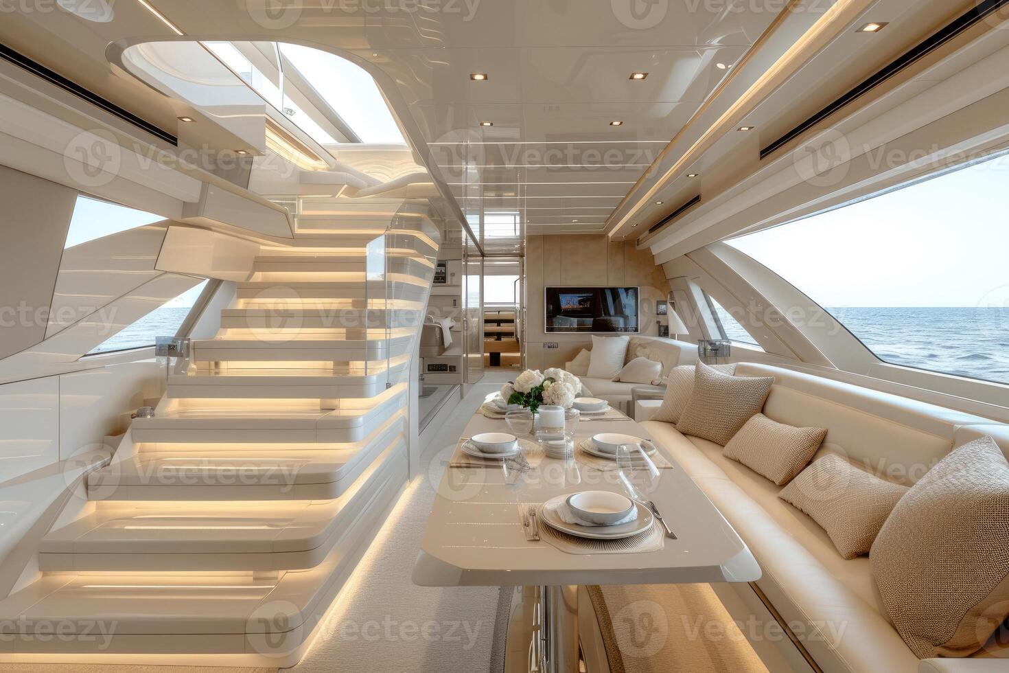 AI generated Dining table on the upper deck fancy yacht professional advertising food photography photo