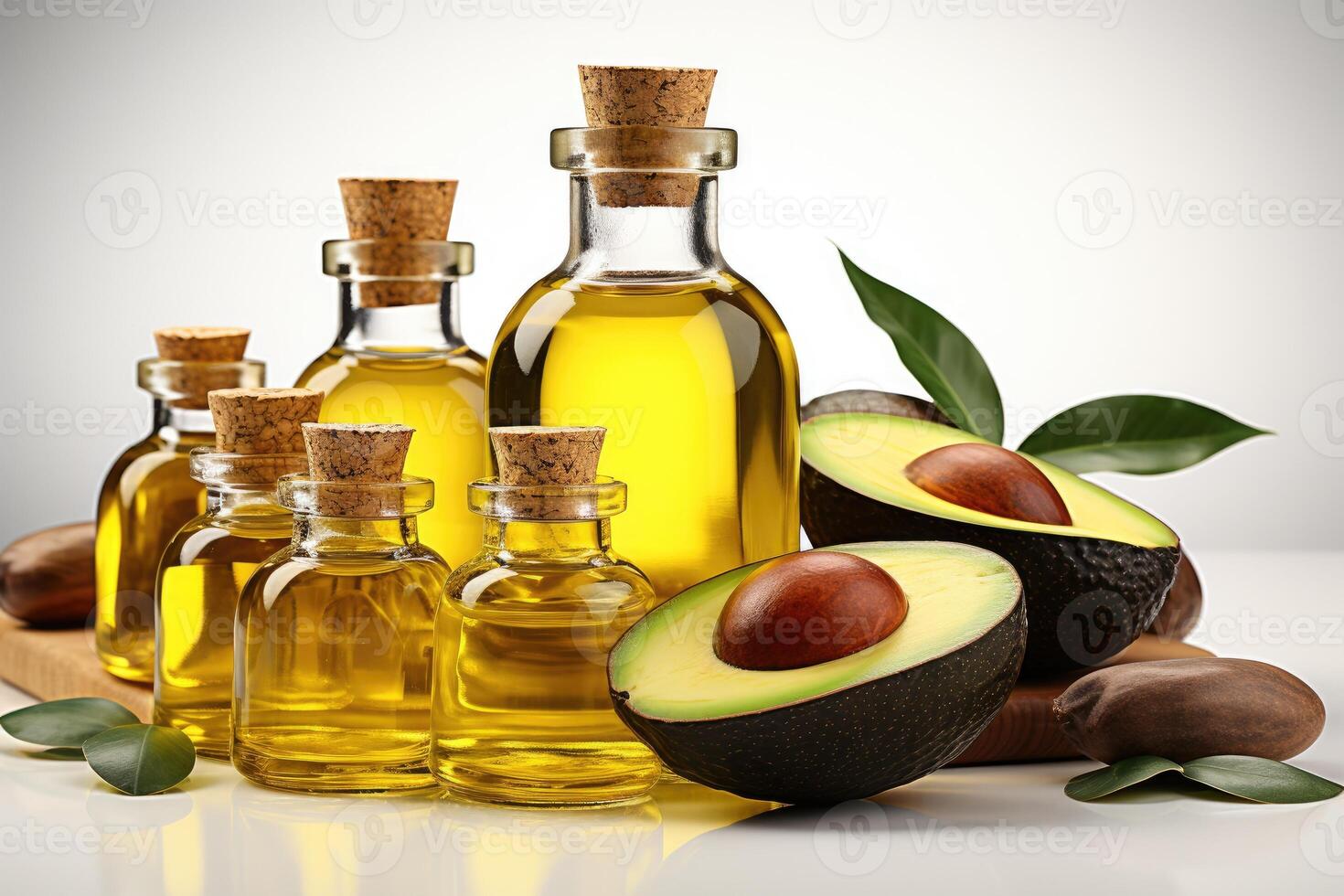 AI generated avocado oil extract with isolated kitchen table professional advertising food photography photo