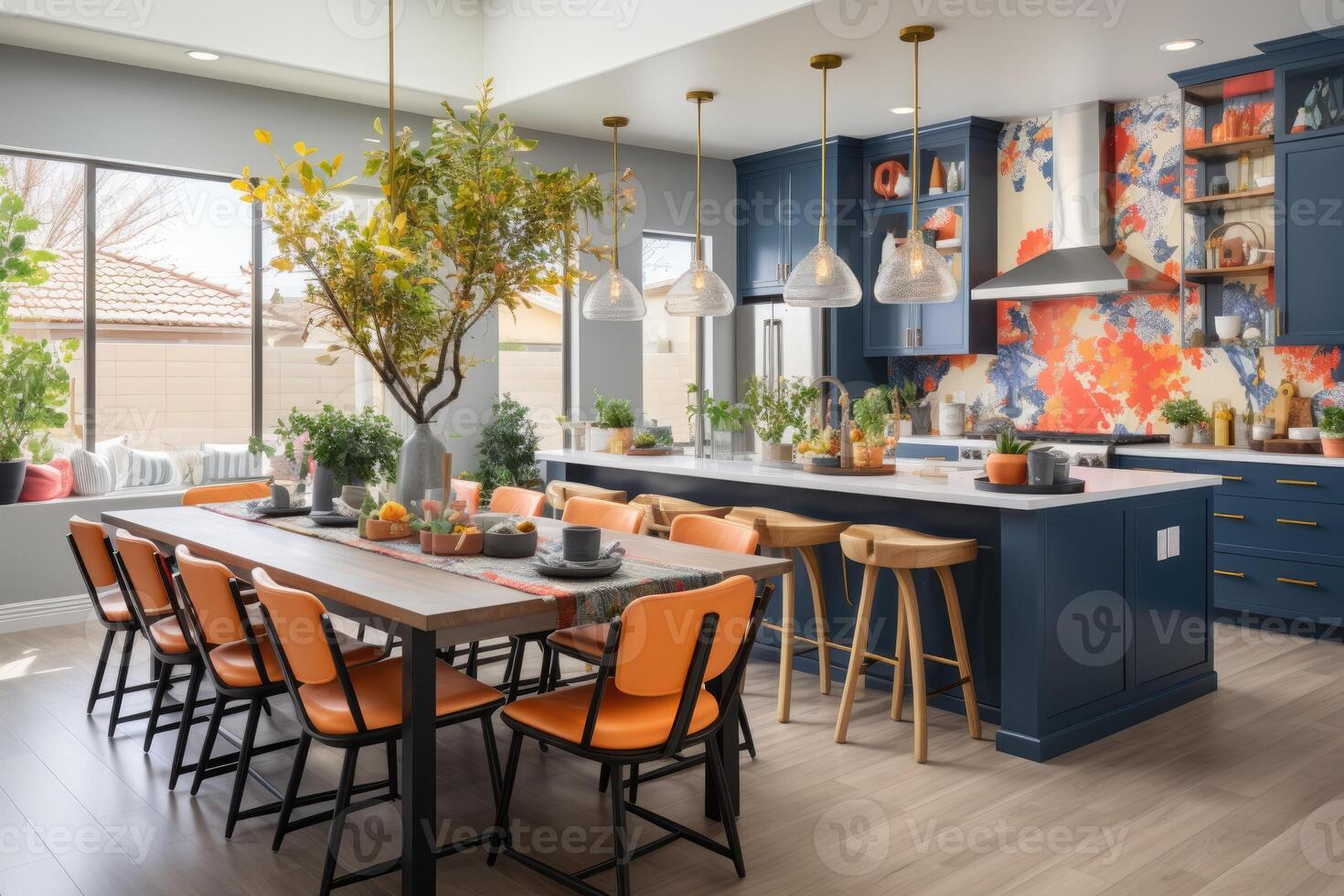 AI generated modern kitchen with countertops colorful and playful patterns interior designer professional advertising photography photo