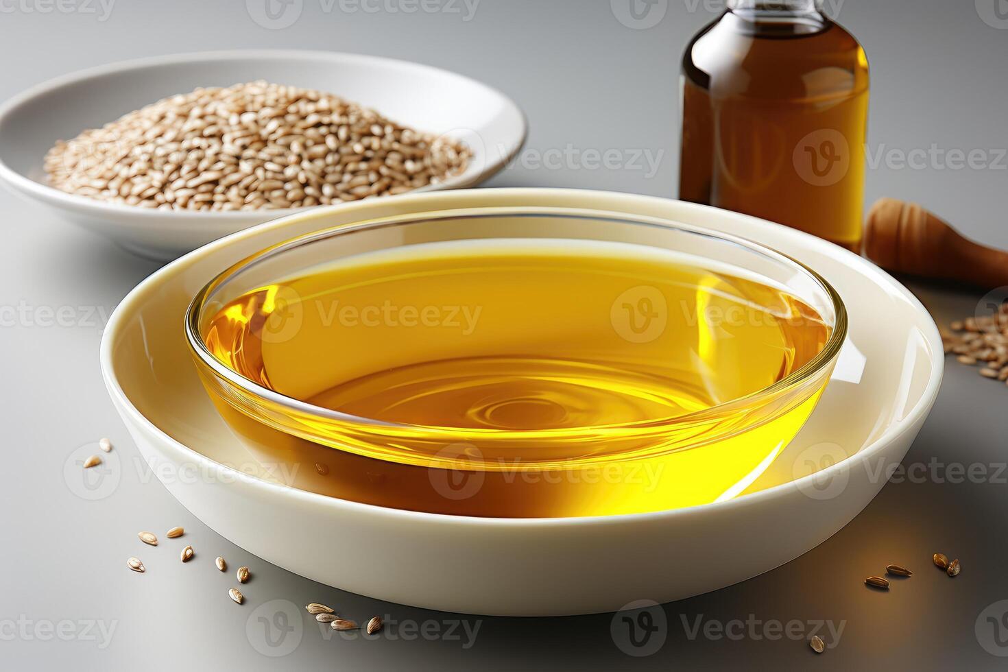 AI generated sesame oil extract with isolated kitchen table professional advertising food photography photo