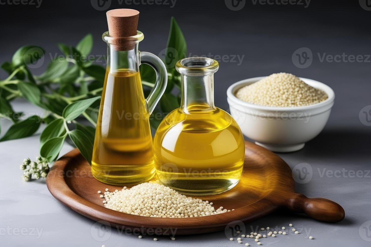 AI generated sesame oil extract with isolated kitchen table professional advertising food photography photo