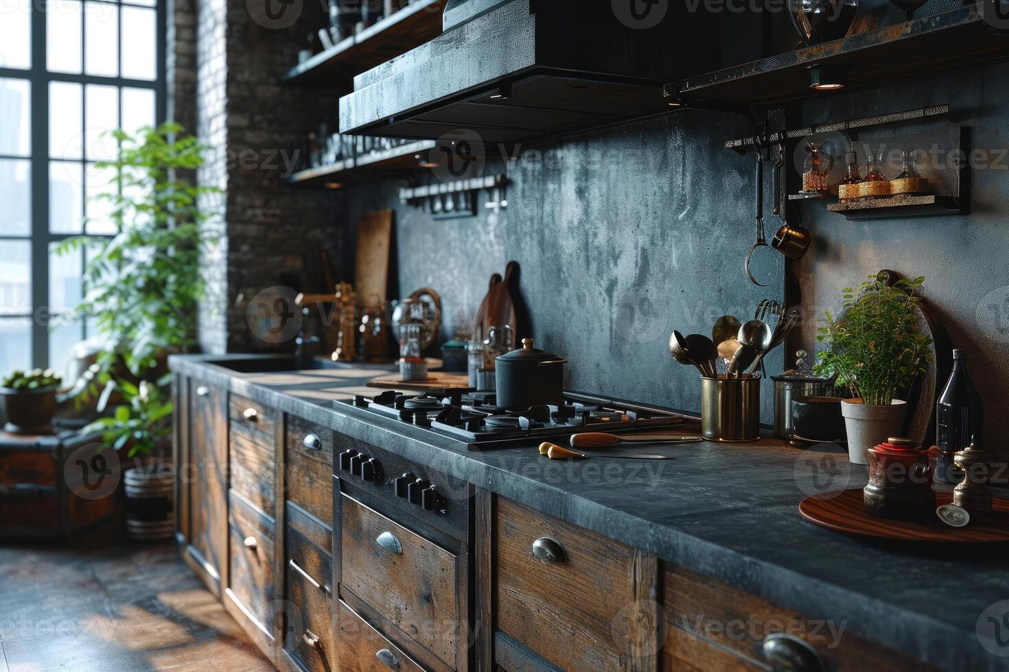 AI generated industrial kitchen design with concrete professional advertising photography photo