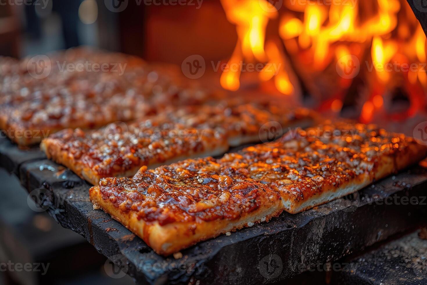 AI generated View inside the oven tray baking pizza professional advertising food photography photo