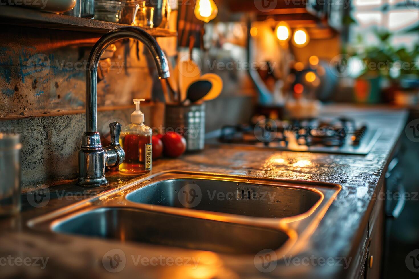 AI generated industrial kitchen design with concrete professional advertising photography photo