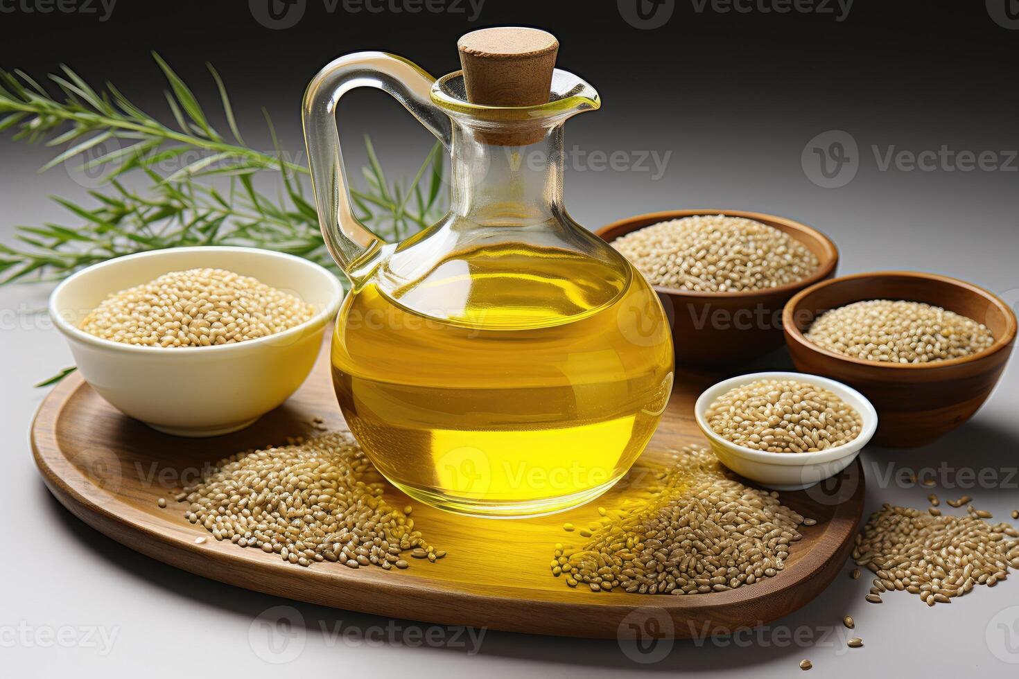 AI generated sesame oil extract with isolated kitchen table professional advertising food photography photo