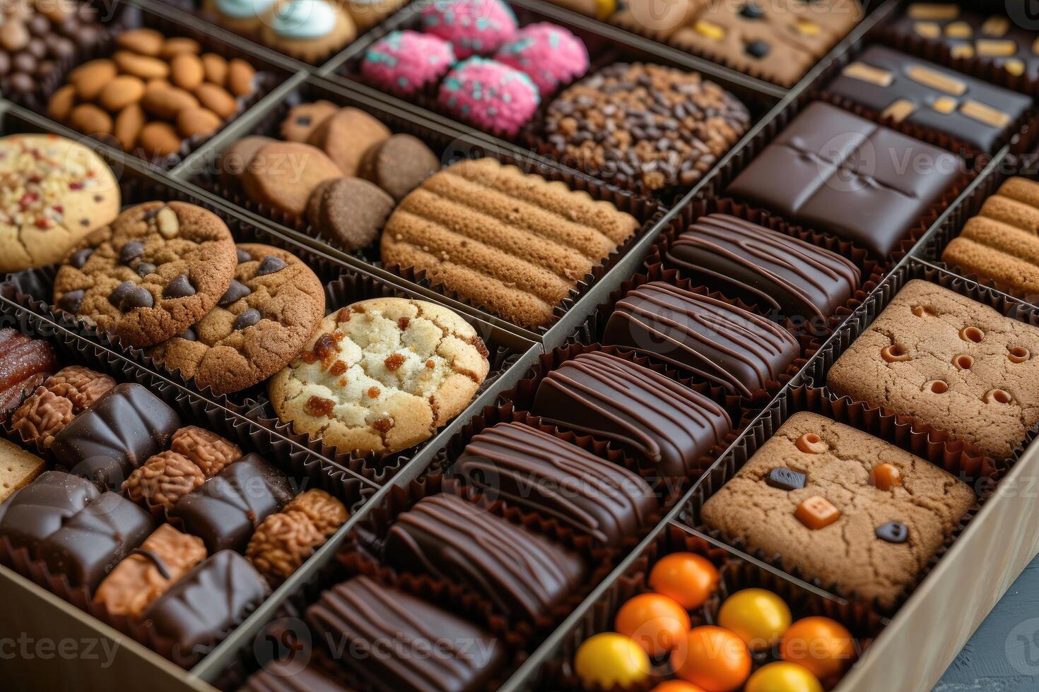 ai generado un grande regalo caja lleno con un variedad de chocolates y galletas profesional publicidad comida fotografía foto