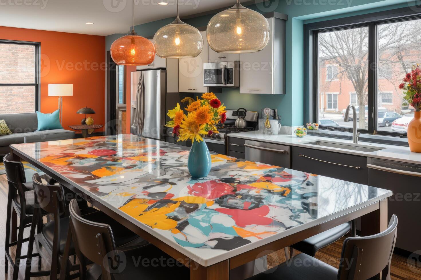 AI generated modern kitchen with countertops colorful and playful patterns interior designer professional advertising photography photo