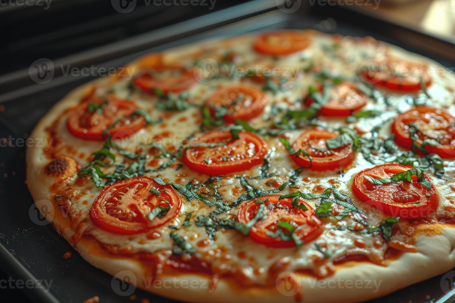 AI generated View inside the oven tray baking pizza professional advertising food photography photo