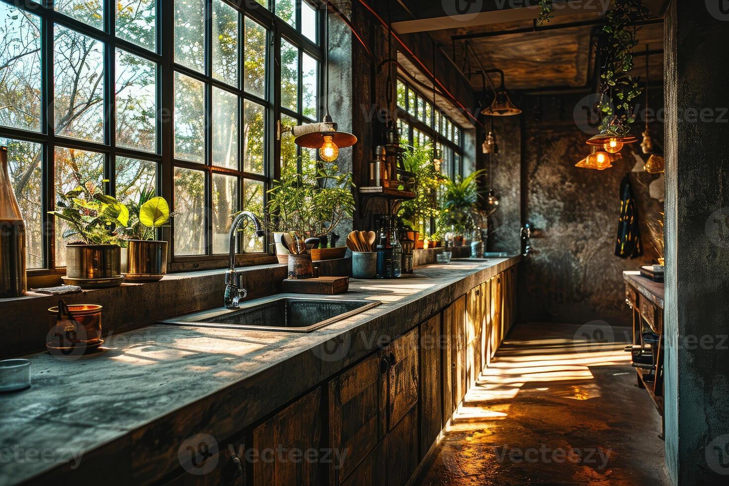 AI generated industrial kitchen design with concrete professional advertising photography photo