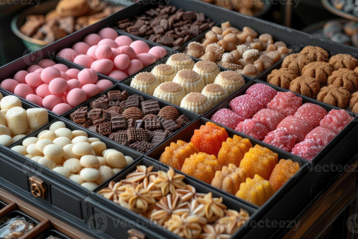 AI generated A large gift box filled with a variety of chocolates and cookies professional advertising food photography photo