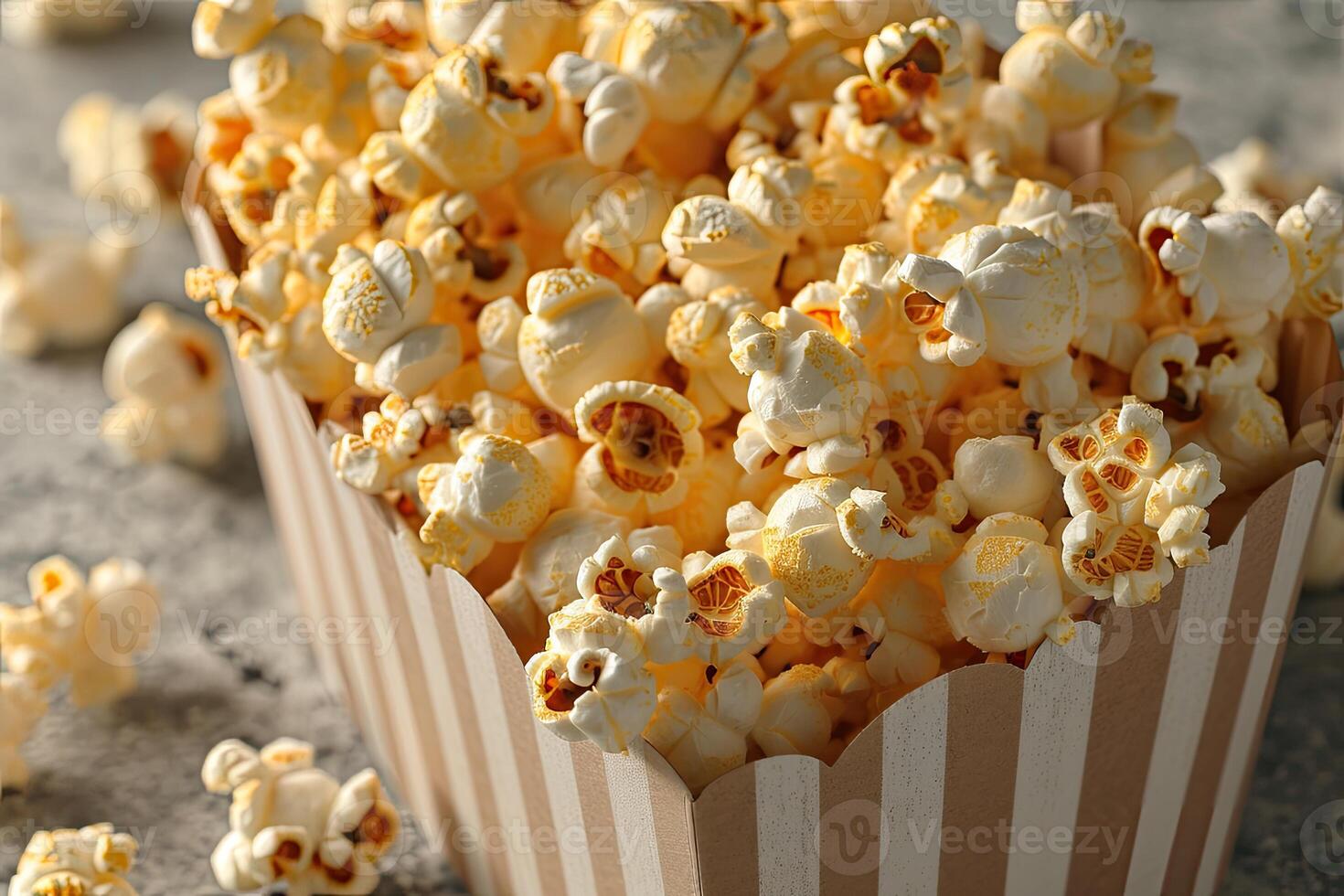 AI generated popcorn popping in striped cardboard bucket professional advertising food photography photo