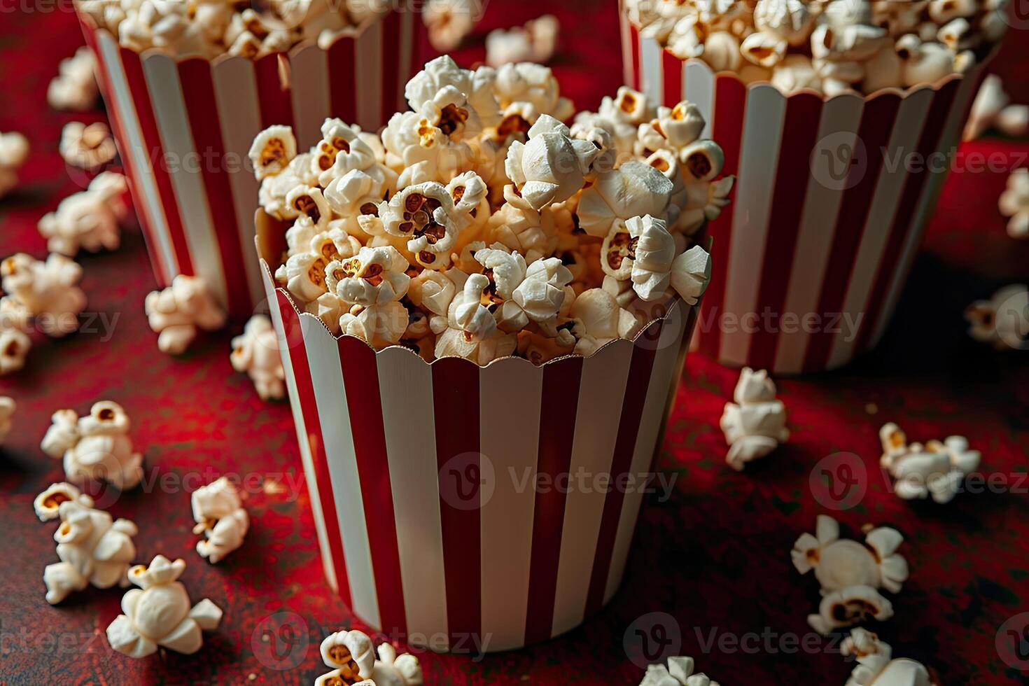 AI generated popcorn popping in striped cardboard bucket professional advertising food photography photo