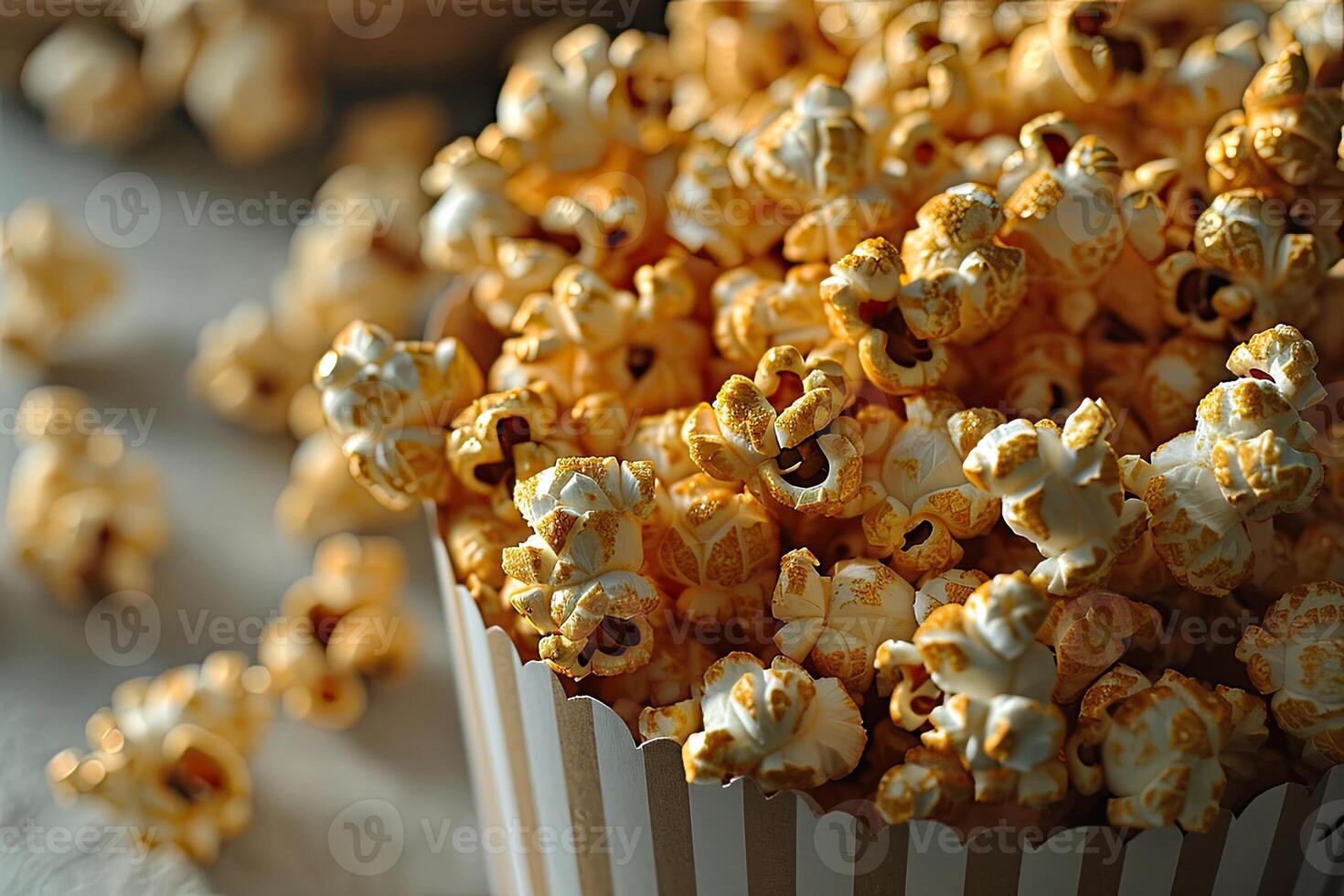 AI generated popcorn popping in striped cardboard bucket professional advertising food photography photo