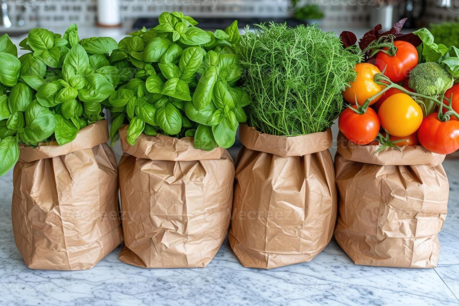 AI generated fresh produce and grocery bags sitting on top of a countertop professional advertising food photography photo