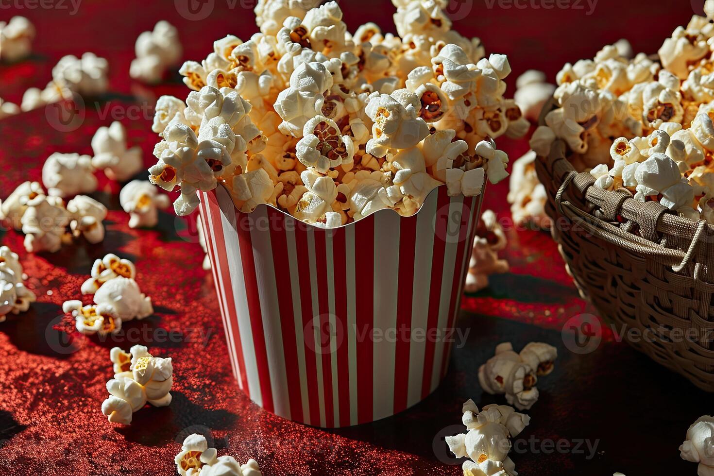 AI generated popcorn popping in striped cardboard bucket professional advertising food photography photo