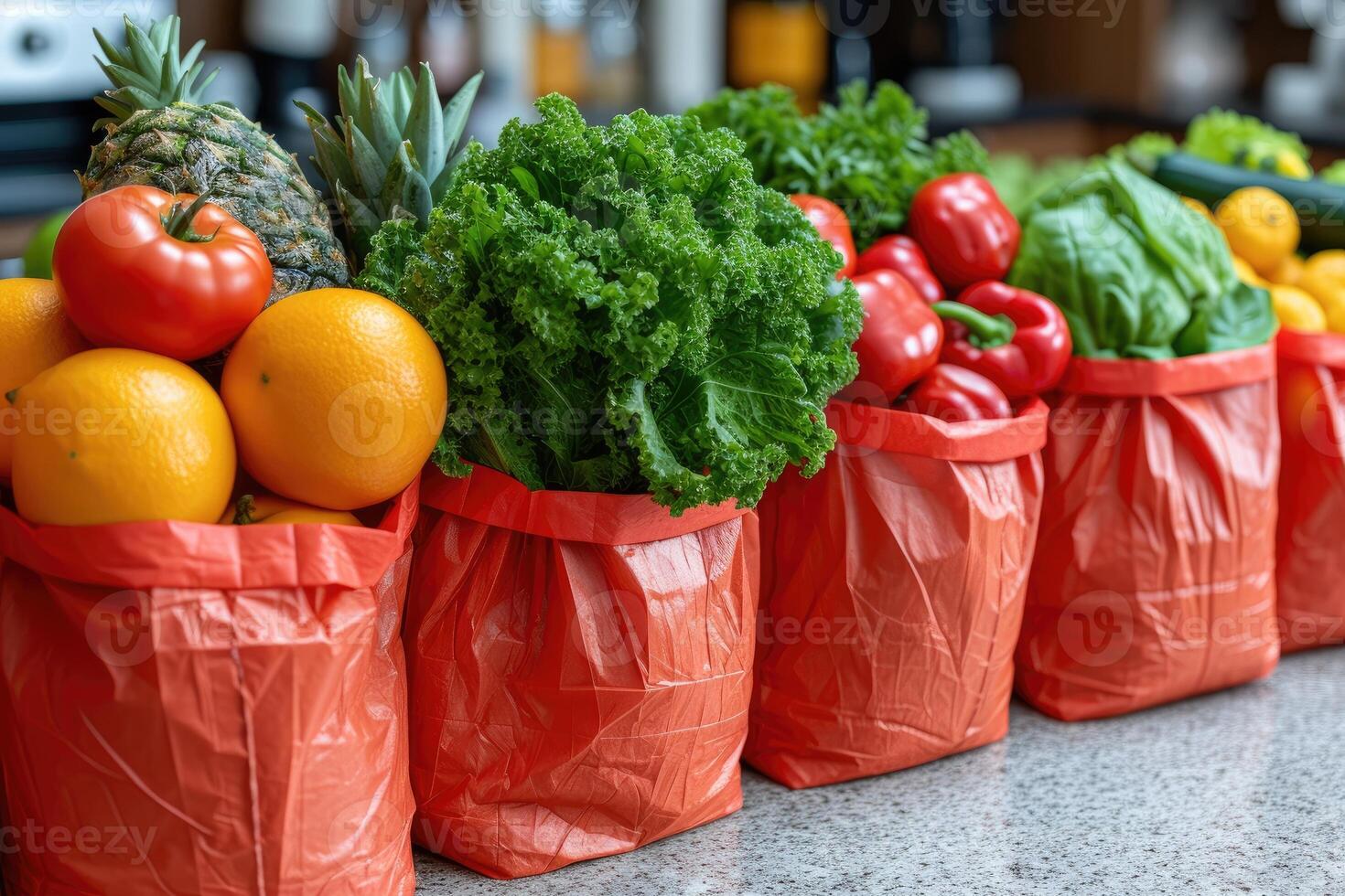 AI generated fresh produce and grocery bags sitting on top of a countertop professional advertising food photography photo