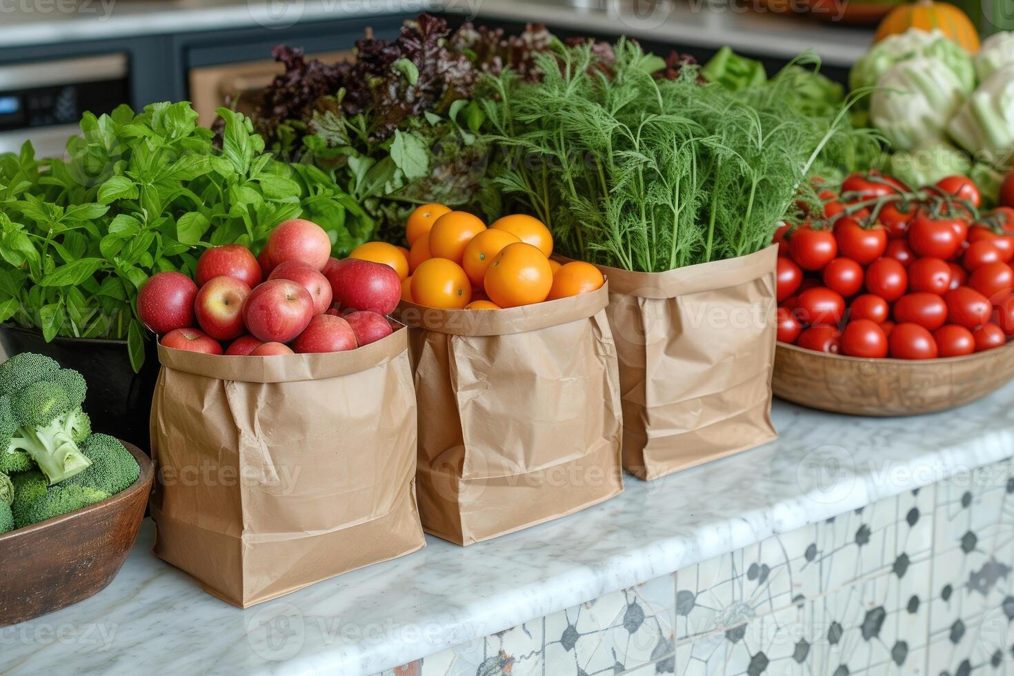 AI generated fresh produce and grocery bags sitting on top of a countertop professional advertising food photography photo