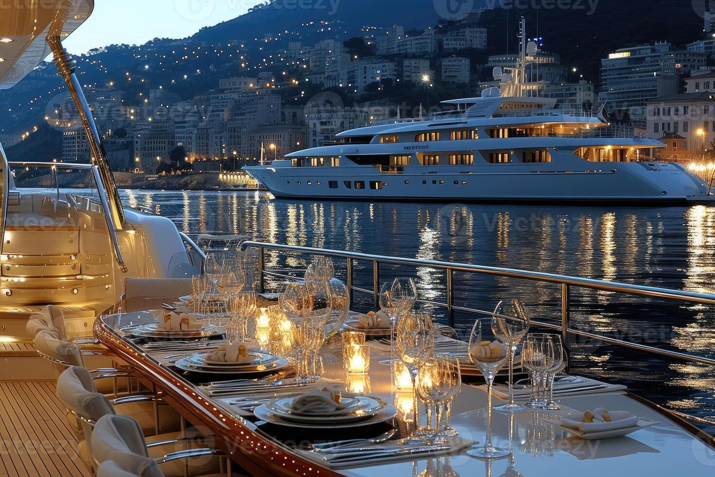 AI generated Dining table on the upper deck fancy yacht professional advertising food photography photo