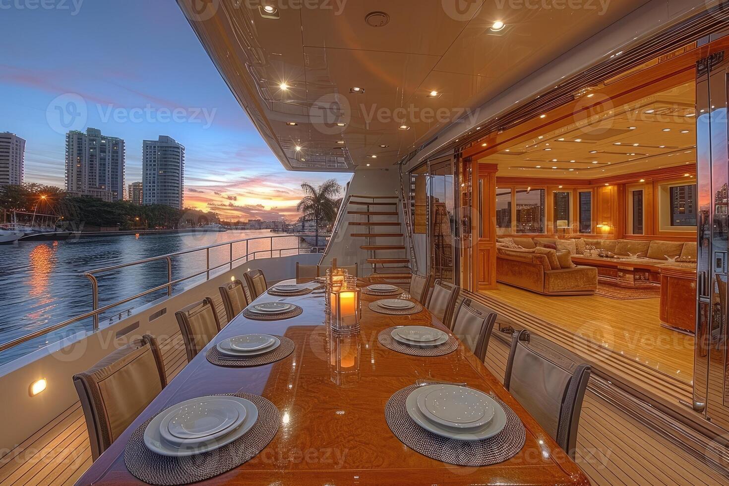 AI generated Dining table on the upper deck fancy yacht professional advertising food photography photo