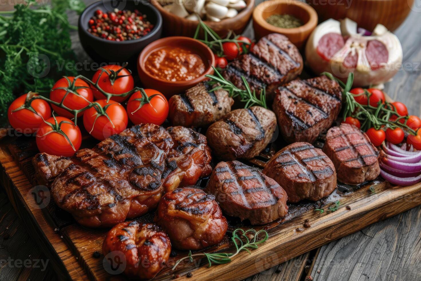 AI generated Delicious grilled meat with vegetables professional advertising food photography photo