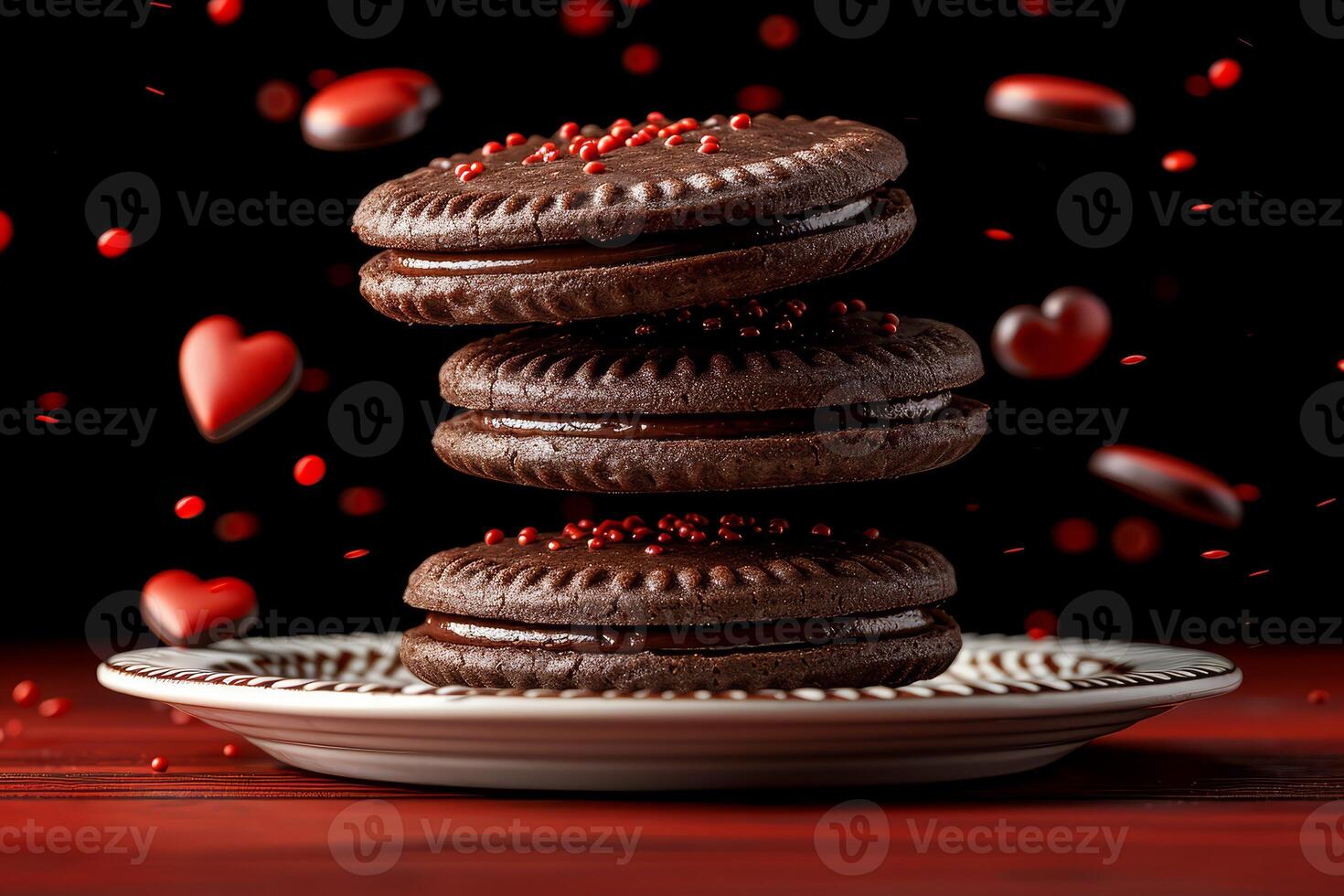 AI generated heart chocolate cookies flying in the air professional advertising food photography photo
